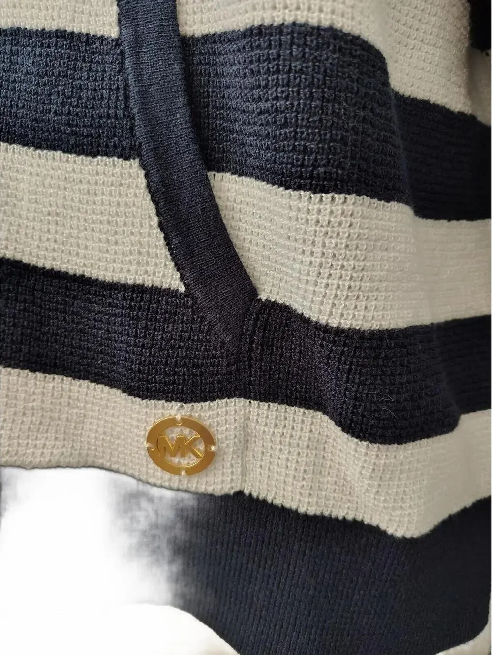 Michael Kors Women's Navy and White Striped Hooded Sweater L